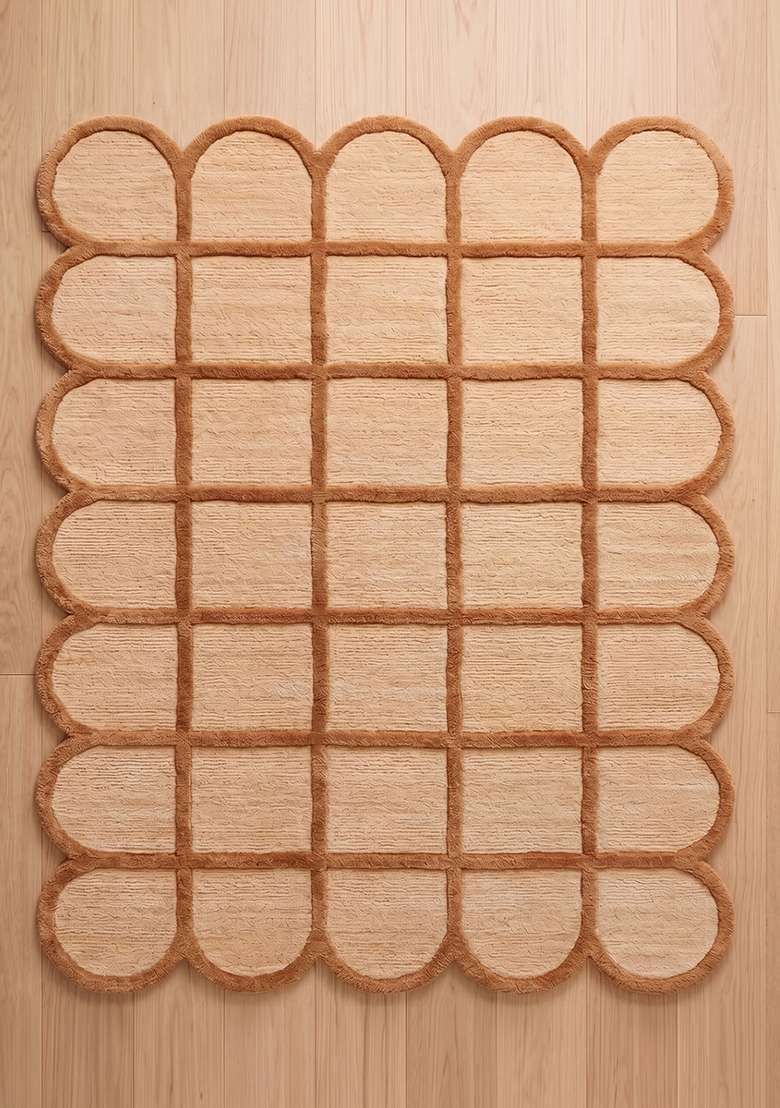 100% Wool Handmade Warm Camel Rug | Mid Century Modern Trellis Scalloped Carpet With Cotton Backing For Living Room - Indya