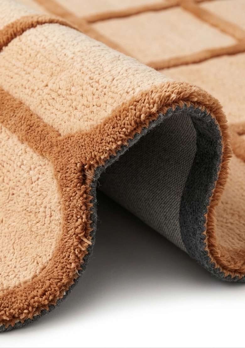 100% Wool Handmade Warm Camel Rug | Mid Century Modern Trellis Scalloped Carpet With Cotton Backing For Living Room - Indya