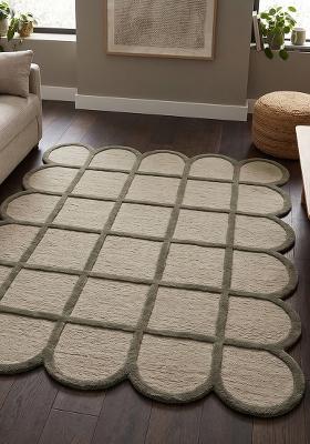 Saffron Rugs Hand Tufted Moss Green Trellis Mid-Century Modern Scalloped Wool Area Rug