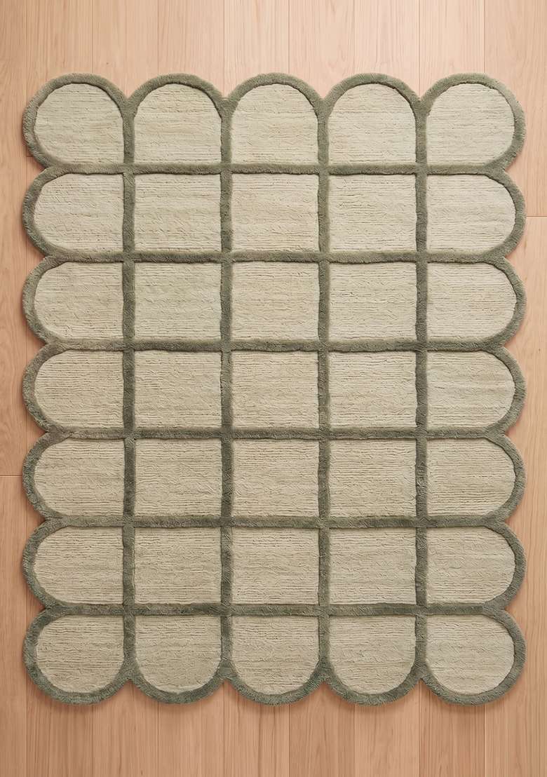 Saffron Rugs Moss Green Mid Century Modern Trellis Hand Tufted Wool Scalloped Rug - Indya