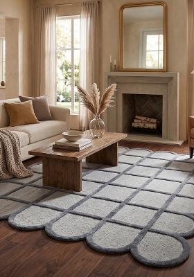 Saffron Rugs Hand Tufted Steel Blue Trellis Mid-Century Modern Scalloped Wool Area Rug