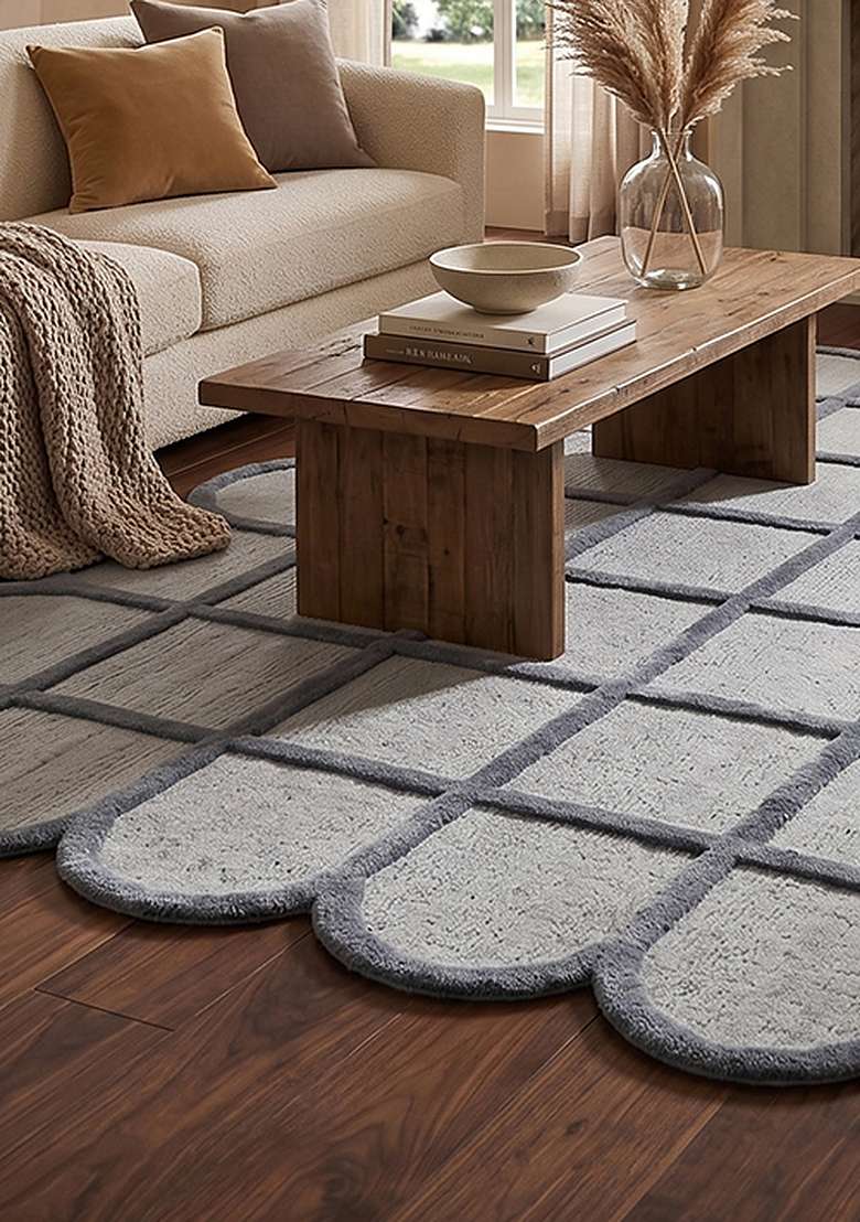 Saffron Rugs Steel Blue Mid Century Modern Trellis Hand Tufted Wool Scalloped Rug - Indya