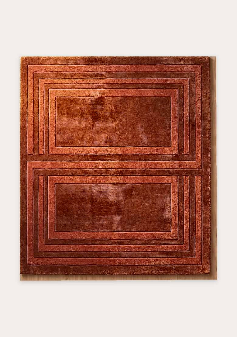 100% Wool Handmade Burnt Sienna Rug | Mid Century Modern Geometric Square Carpet With Cotton Backing For Living Room - Indya