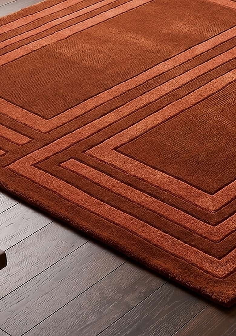 100% Wool Handmade Burnt Sienna Rug | Mid Century Modern Geometric Square Carpet With Cotton Backing For Living Room - Indya