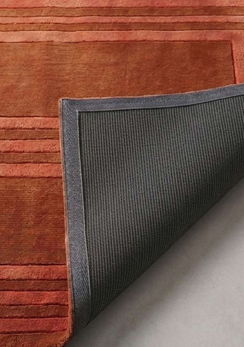 100% Wool Handmade Burnt Sienna Rug | Mid Century Modern Geometric Square Carpet With Cotton Backing For Living Room - Indya