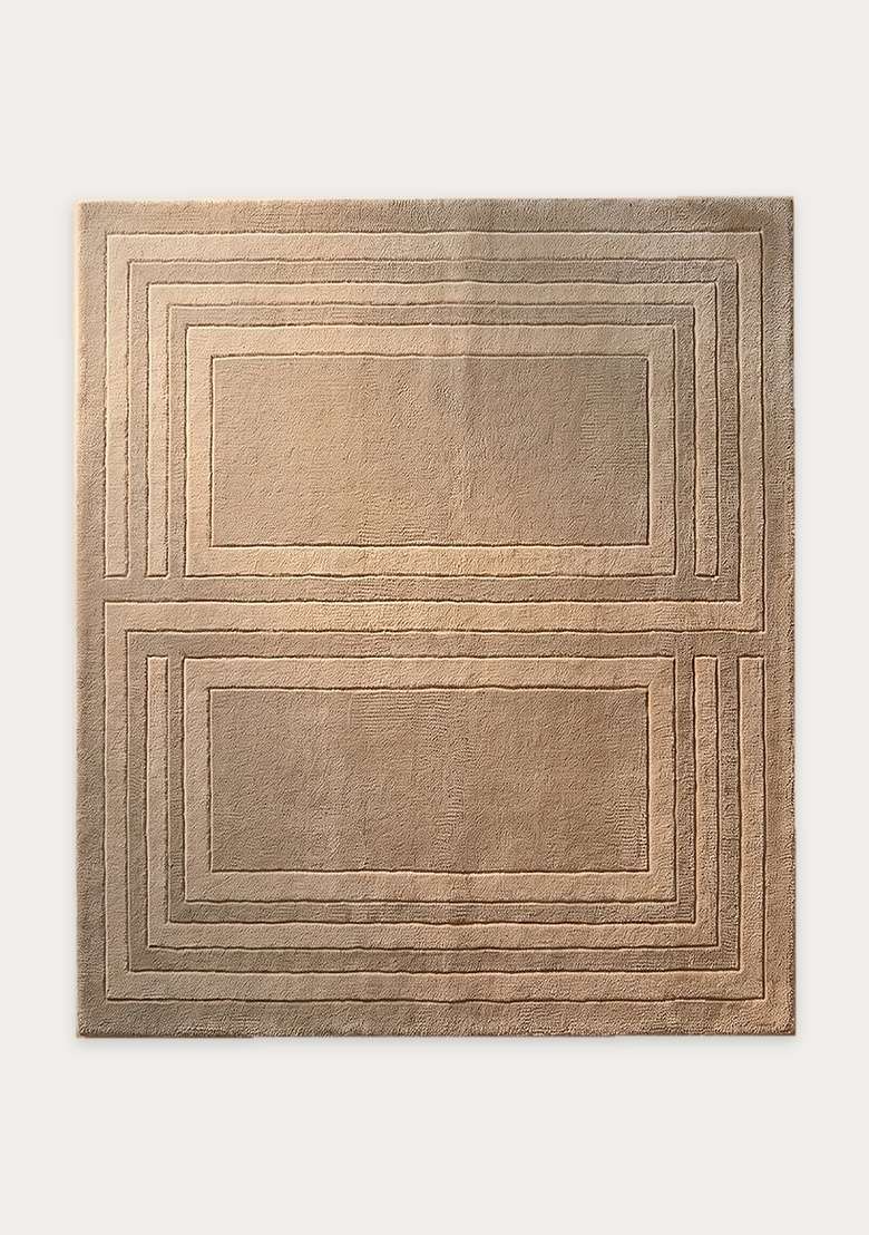 100% Wool Handmade Beige Rug | Mid Century Modern Geometric Square Carpet With Cotton Backing For Living Room - Indya