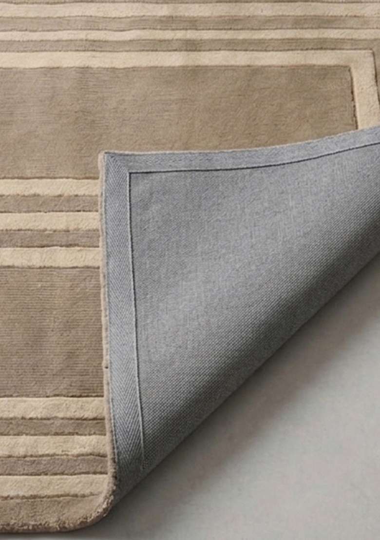 100% Wool Handmade Beige Rug | Mid Century Modern Geometric Square Carpet With Cotton Backing For Living Room - Indya