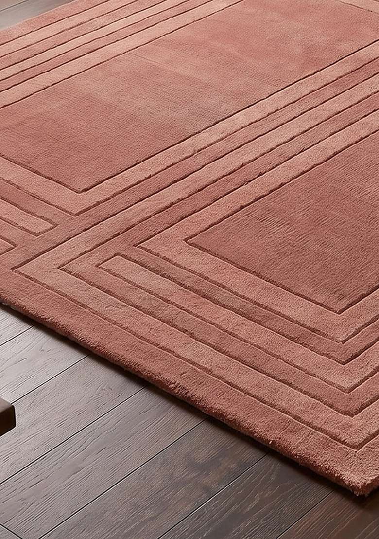 100% Wool Handmade Dusty Rose Rug | Mid Century Modern Geometric Square Carpet With Cotton Backing For Living Room - Indya