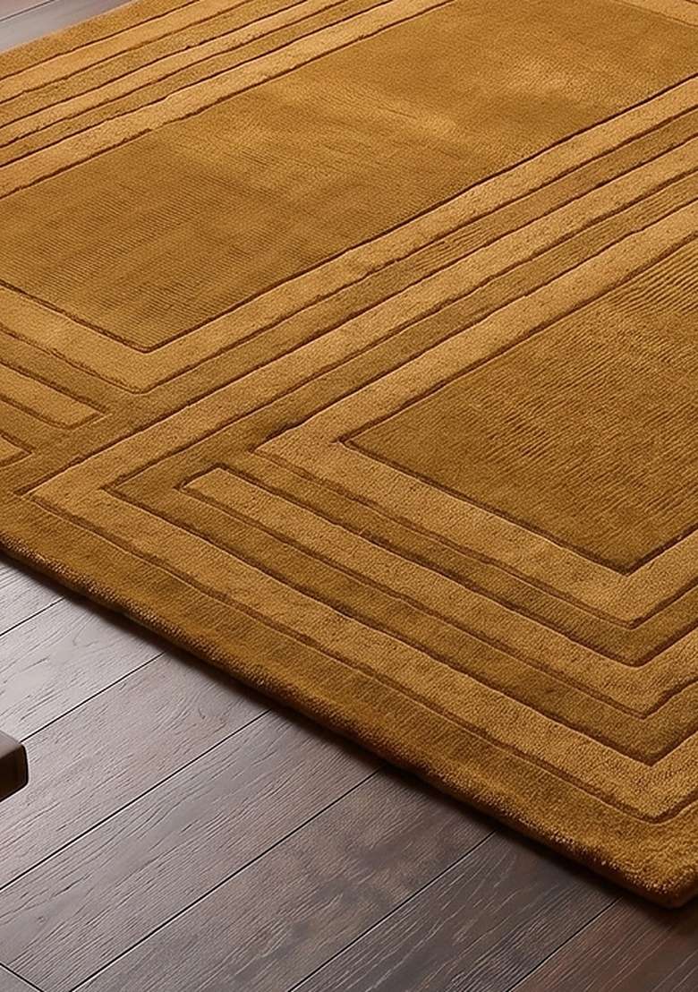 100% Wool Handmade Olive Ochre Rug | Mid Century Modern Geometric Square Carpet With Cotton Backing For Living Room - Indya