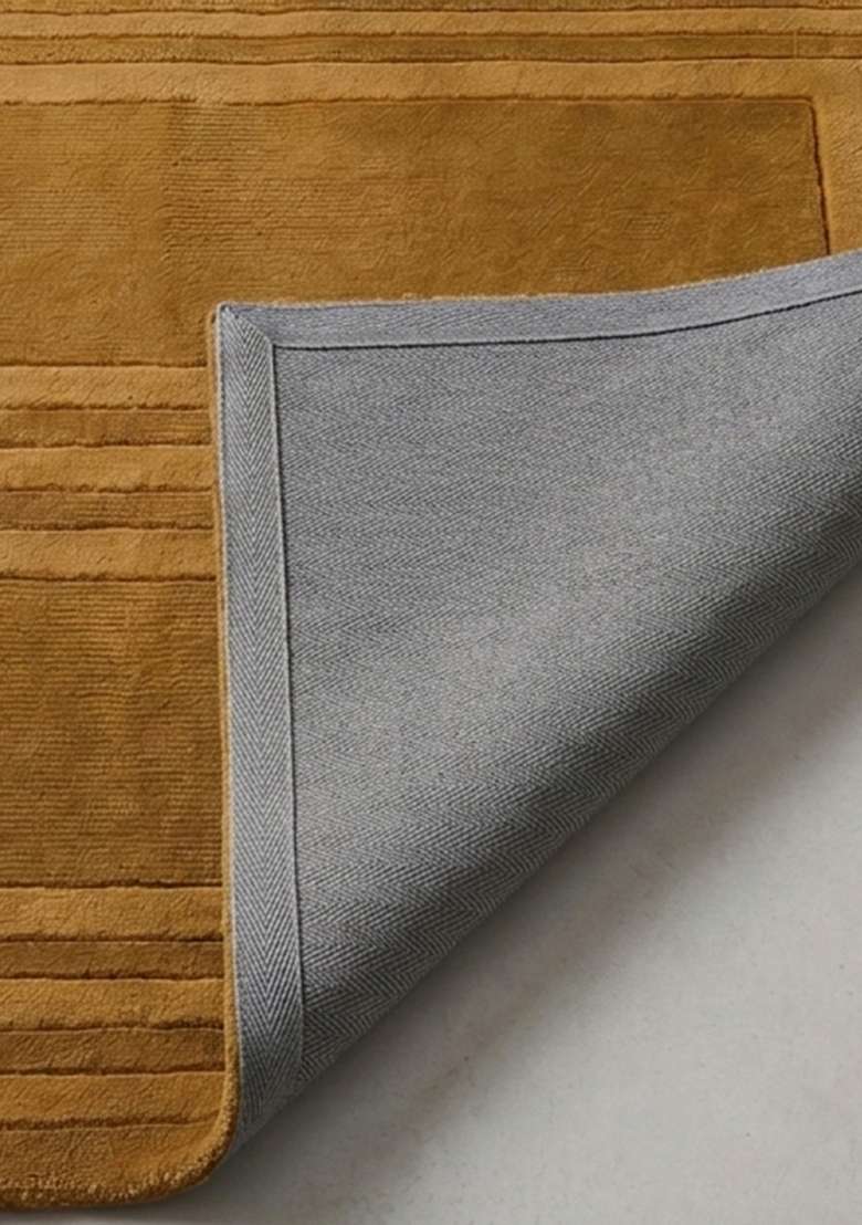 100% Wool Handmade Olive Ochre Rug | Mid Century Modern Geometric Square Carpet With Cotton Backing For Living Room - Indya