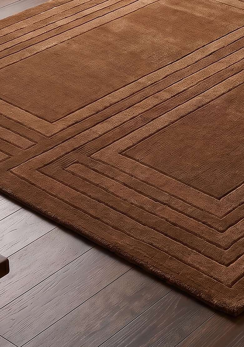 100% Wool Handmade Mocha Brown Rug | Mid Century Modern Geometric Square Carpet With Cotton Backing For Living Room - Indya