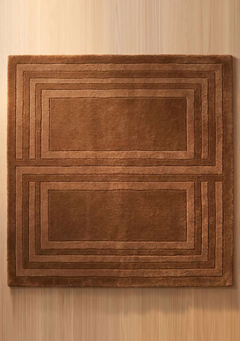 100% Wool Handmade Mocha Brown Rug | Mid Century Modern Geometric Square Carpet With Cotton Backing For Living Room - Indya