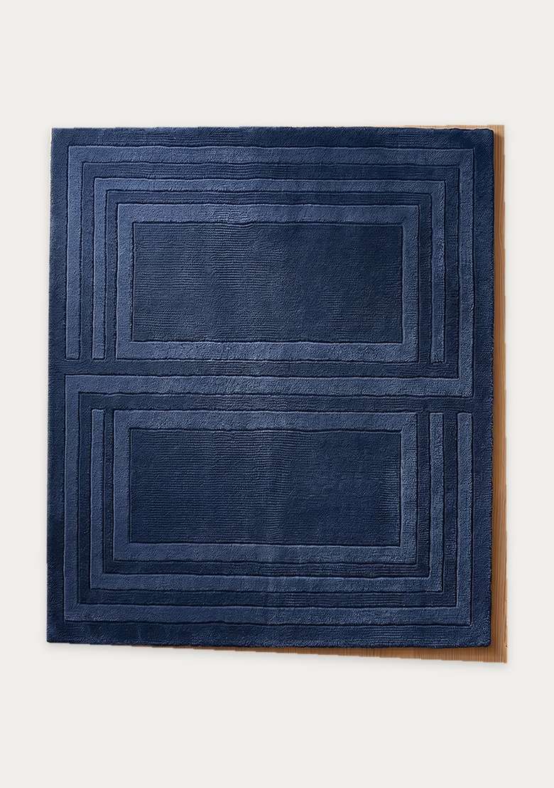 100% Wool Handmade Midnight Navy Rug | Mid Century Modern Geometric Square Carpet With Cotton Backing For Living Room - Indya