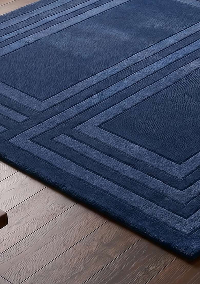 100% Wool Handmade Midnight Navy Rug | Mid Century Modern Geometric Square Carpet With Cotton Backing For Living Room - Indya