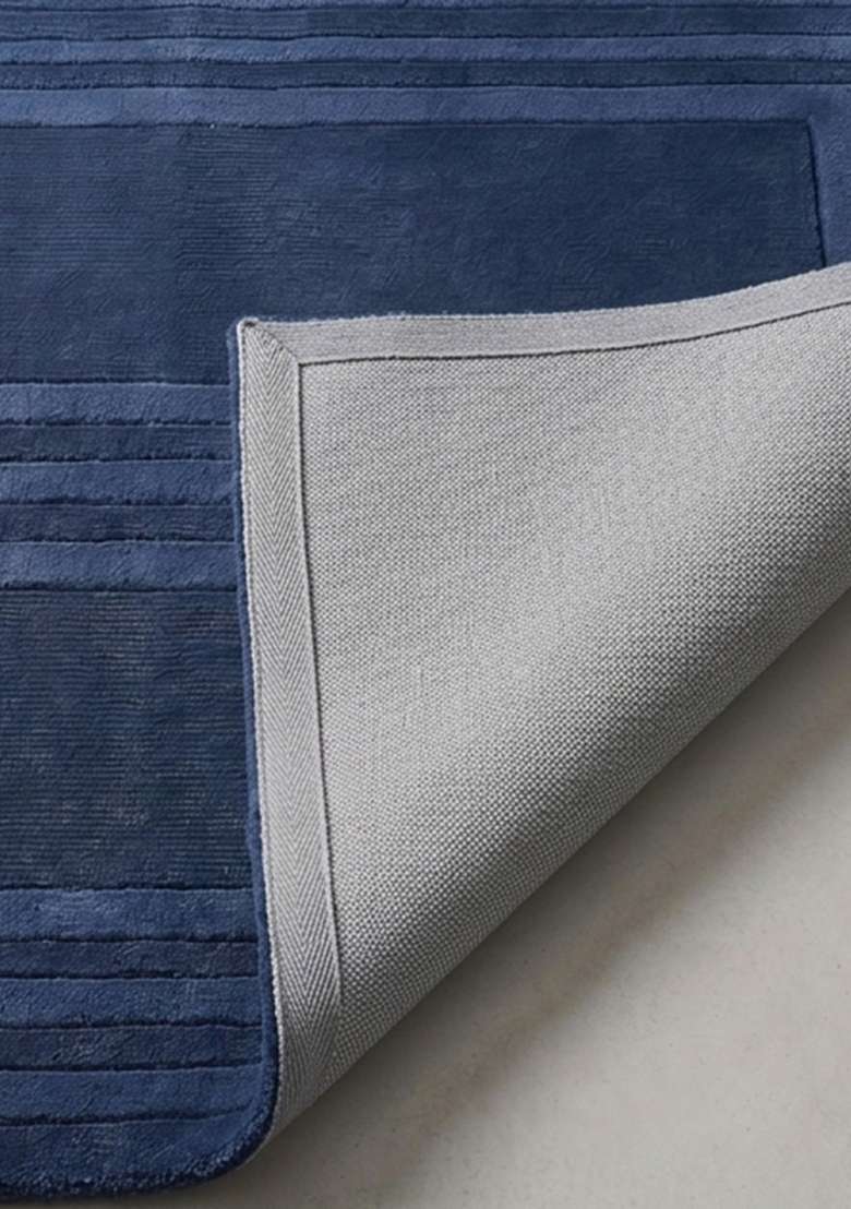100% Wool Handmade Midnight Navy Rug | Mid Century Modern Geometric Square Carpet With Cotton Backing For Living Room - Indya