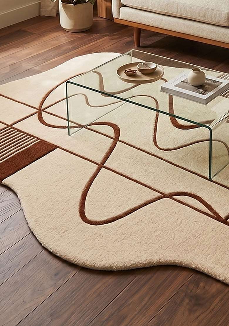 Saffron Rugs Hand-Tufted 100% Wool Area Rug | Cream Oblong Rug | Cotton Backing | Contemporary Swirls Home Decor Carpet for Living Room Bedroom - Indya
