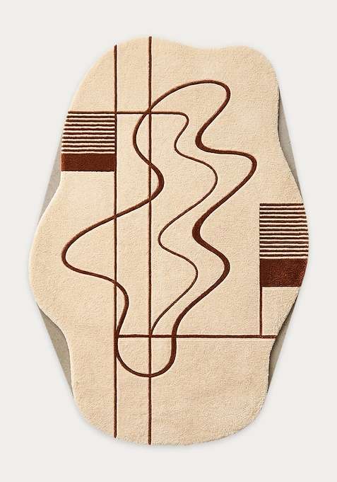 100% Wool Handmade Cream Rug | Contemporary Swirls Oblong Carpet With Cotton Backing For Living Room