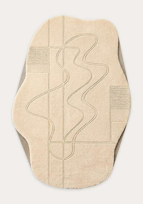 100% Wool Handmade Ivory Rug | Contemporary Swirls Oblong Carpet With Cotton Backing For Living Room