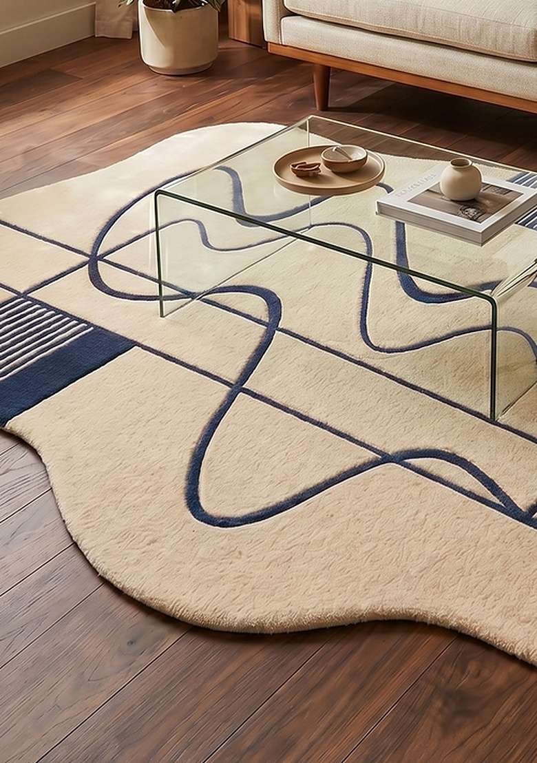 Saffron Rugs Hand-Tufted 100% Wool Area Rug | Off-White Oblong Rug | Cotton Backing | Contemporary Swirls Home Decor Carpet for Living Room Bedroom - Indya