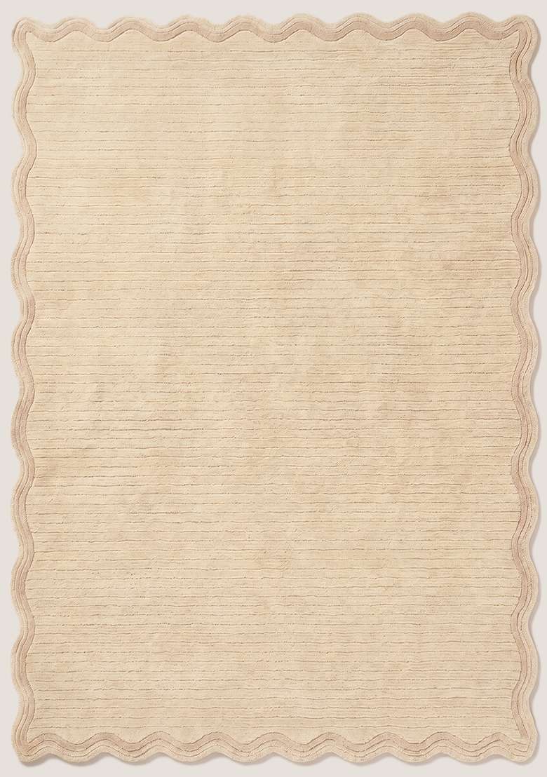 Saffron Rugs Cream Contemporary Solid Hand Tufted Wool Scalloped Rug - Indya