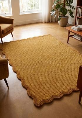 Saffron Rugs Hand Tufted Mustard Yellow Solid Contemporary Scalloped Wool Area Rug