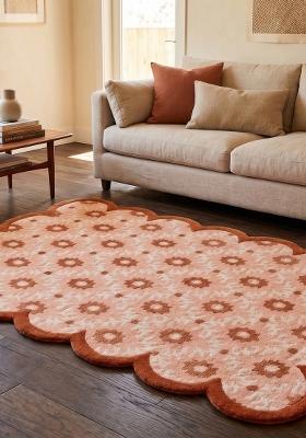 Saffron Rugs Hand Tufted Coral Peach Floral Cottage Scalloped Wool Area Rug