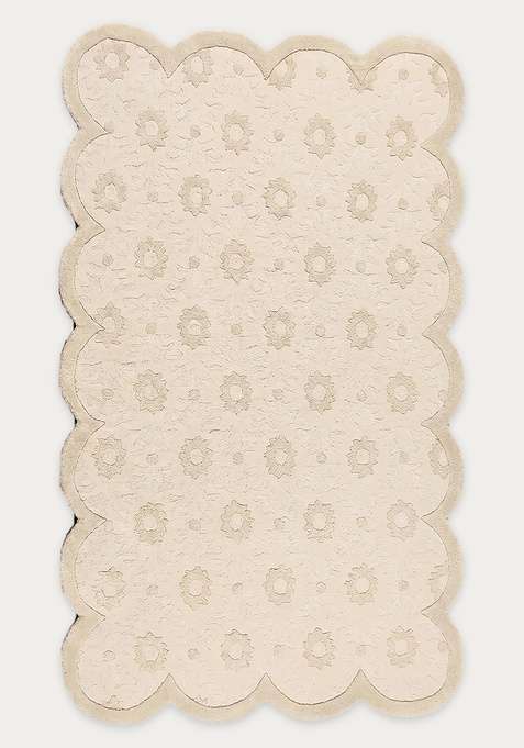 100% Wool Handmade Ivory Cream Rug | Cottage Floral Scalloped Carpet With Cotton Backing For Living Room