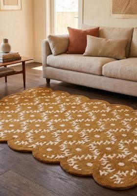 Saffron Rugs Hand Tufted Mustard Yellow Floral Cottage Scalloped Wool Area Rug