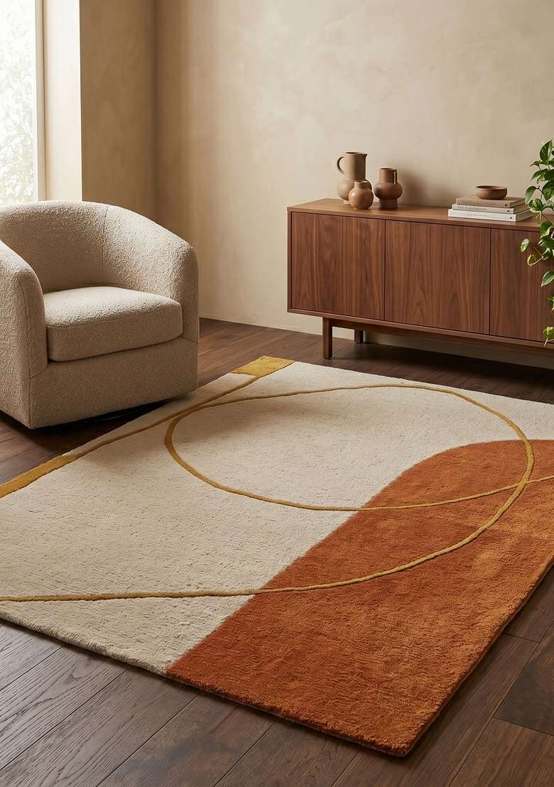 Saffron Rugs Hand-Tufted 100% Wool Area Rug | Rust Orange Rectangular Rug | Cotton Backing | Contemporary Geometric Home Decor Carpet for Living Room Bedroom - Indya