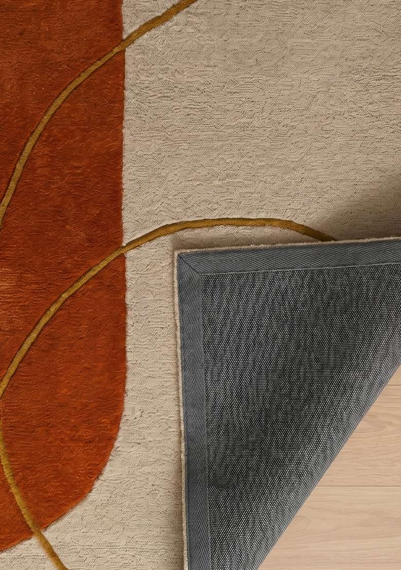 100% Wool Handmade Rust Orange Rug | Contemporary Geometric Carpet With Cotton Backing For Living Room - Indya