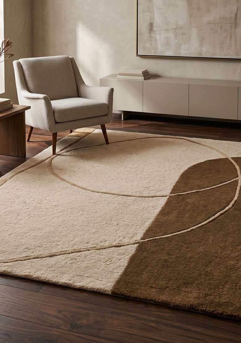 100% Wool Handmade Stone Beige Rug | Contemporary Geometric Carpet With Cotton Backing For Living Room - Indya
