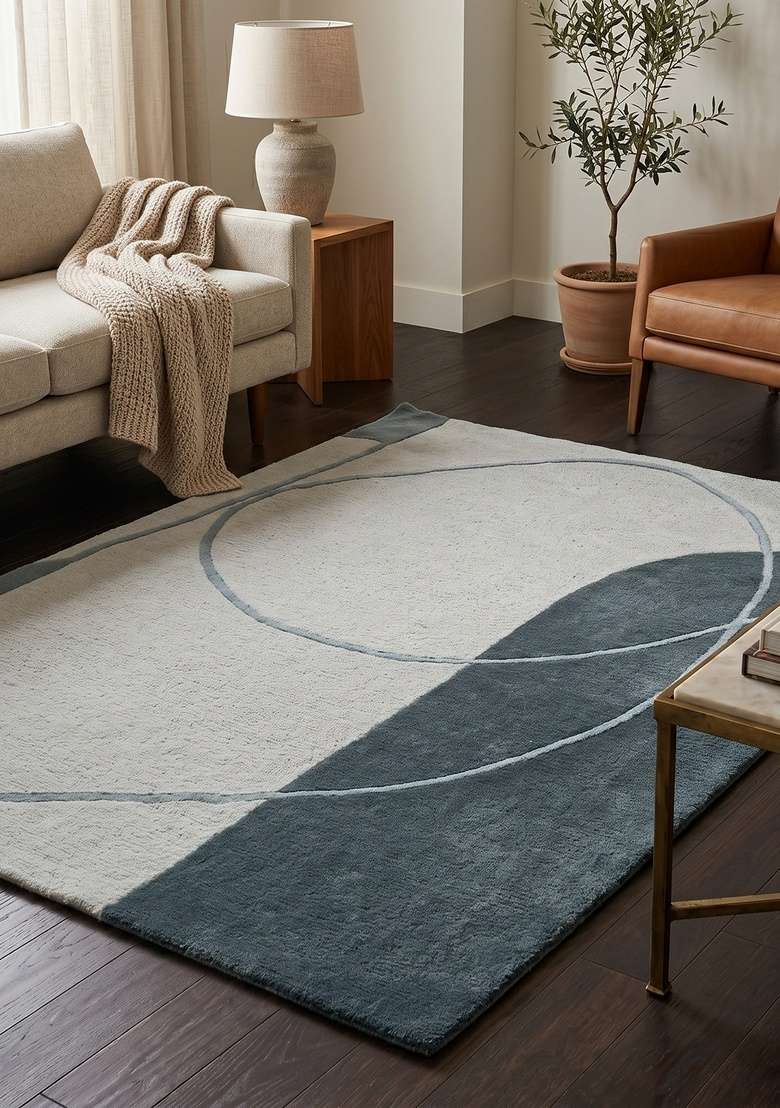Saffron Rugs Hand-Tufted 100% Wool Area Rug | Slate Blue Rectangular Rug | Cotton Backing | Contemporary Geometric Home Decor Carpet for Living Room Bedroom - Indya