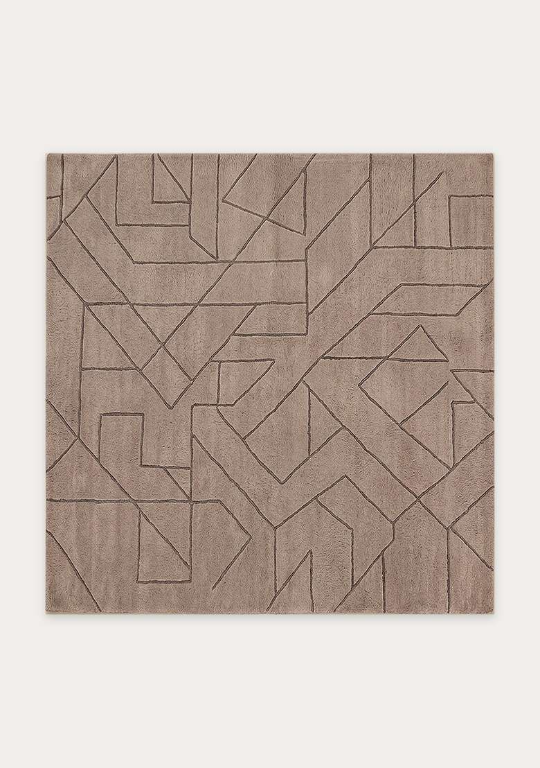 100% Wool Handmade Greige Rug | Contemporary Geometric Square Carpet With Cotton Backing For Living Room - Indya