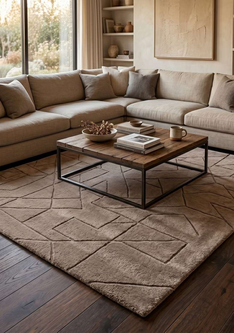 100% Wool Handmade Greige Rug | Contemporary Geometric Square Carpet With Cotton Backing For Living Room - Indya