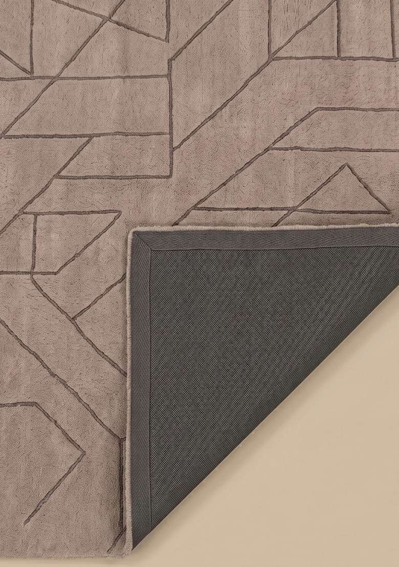 100% Wool Handmade Greige Rug | Contemporary Geometric Square Carpet With Cotton Backing For Living Room - Indya
