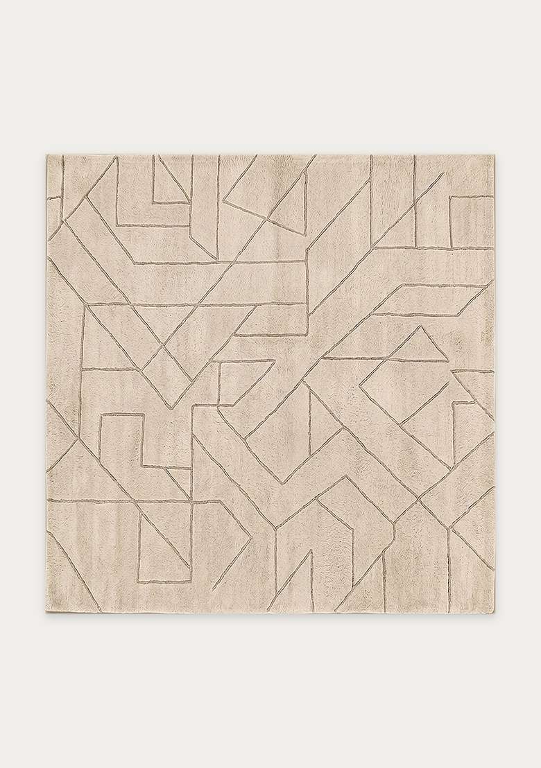 100% Wool Handmade Ivory Rug | Contemporary Geometric Square Carpet With Cotton Backing For Living Room - Indya