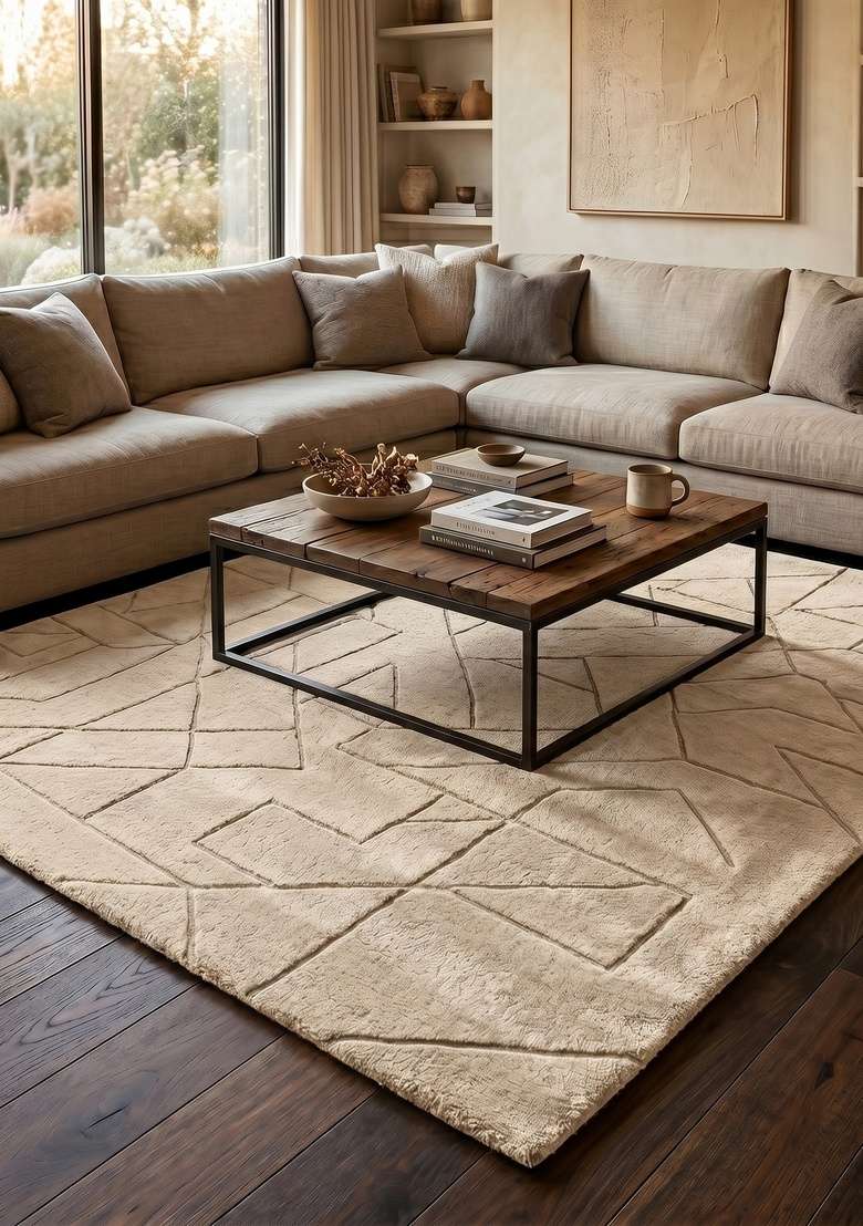 Saffron Rugs Hand-Tufted 100% Wool Area Rug | Ivory Square Rug | Cotton Backing | Contemporary Geometric Home Decor Carpet for Living Room Bedroom - Indya