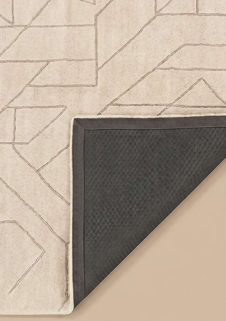 100% Wool Handmade Ivory Rug | Contemporary Geometric Square Carpet With Cotton Backing For Living Room - Indya