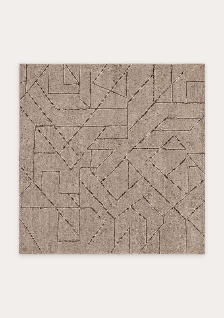 100% Wool Handmade Taupe Rug | Contemporary Geometric Square Carpet With Cotton Backing For Living Room - Indya