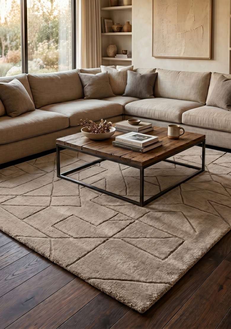 100% Wool Handmade Taupe Rug | Contemporary Geometric Square Carpet With Cotton Backing For Living Room - Indya