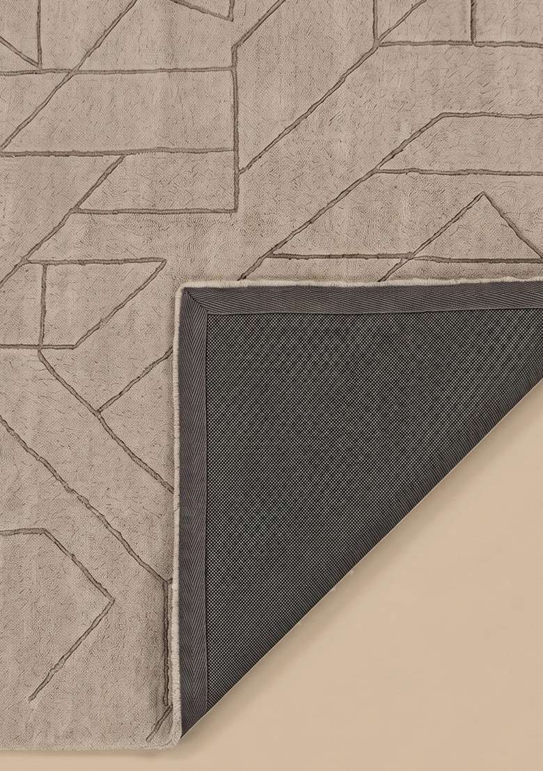 100% Wool Handmade Taupe Rug | Contemporary Geometric Square Carpet With Cotton Backing For Living Room - Indya