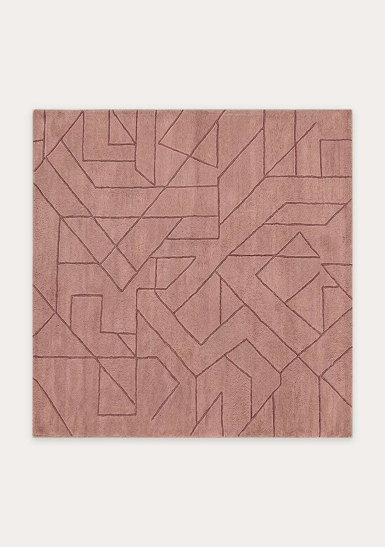 100% Wool Handmade Dusty Rose Rug | Contemporary Geometric Square Carpet With Cotton Backing For Living Room - Indya
