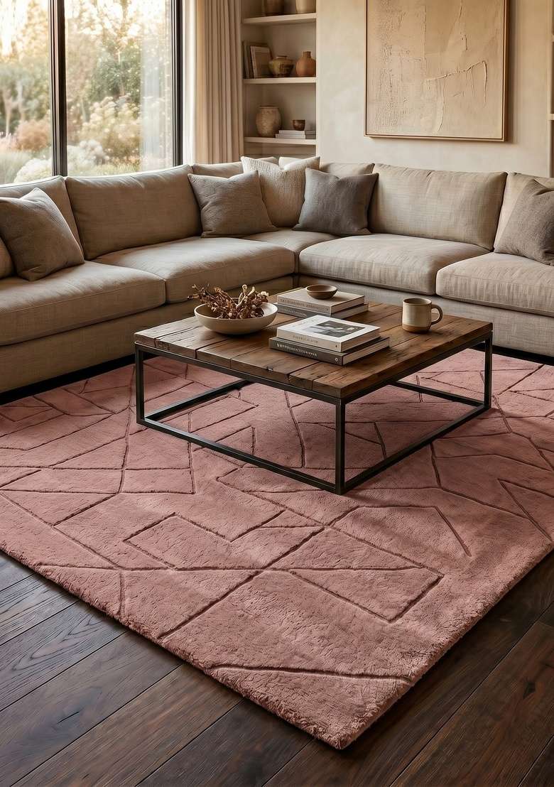 Saffron Rugs Hand-Tufted 100% Wool Area Rug | Dusty Rose Square Rug | Cotton Backing | Contemporary Geometric Home Decor Carpet for Living Room Bedroom - Indya