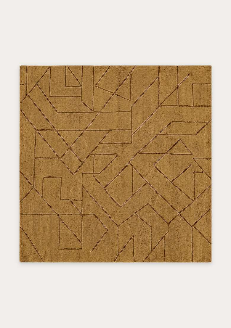 100% Wool Handmade Mustard Gold Rug | Contemporary Geometric Square Carpet With Cotton Backing For Living Room - Indya