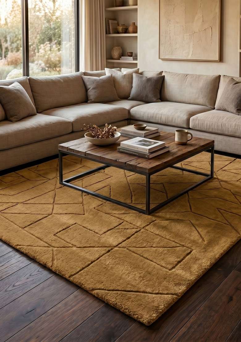 Saffron Rugs Hand-Tufted 100% Wool Area Rug | Mustard Gold Square Rug | Cotton Backing | Contemporary Geometric Home Decor Carpet for Living Room Bedroom - Indya