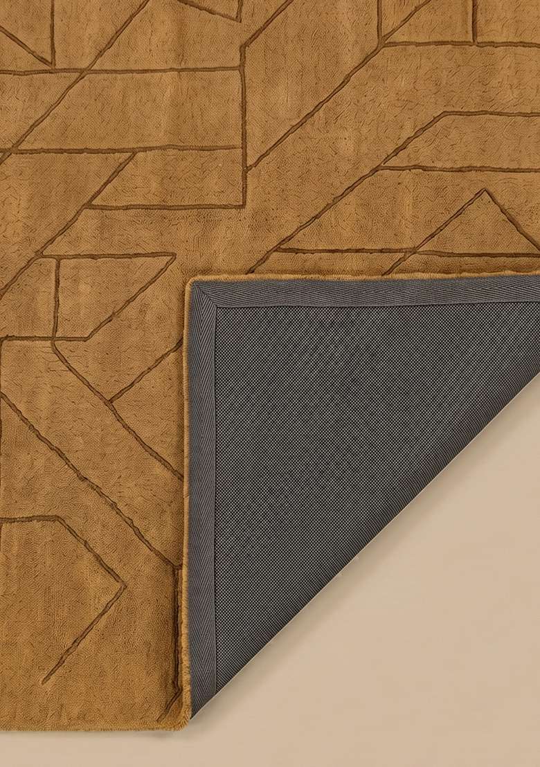 100% Wool Handmade Mustard Gold Rug | Contemporary Geometric Square Carpet With Cotton Backing For Living Room - Indya