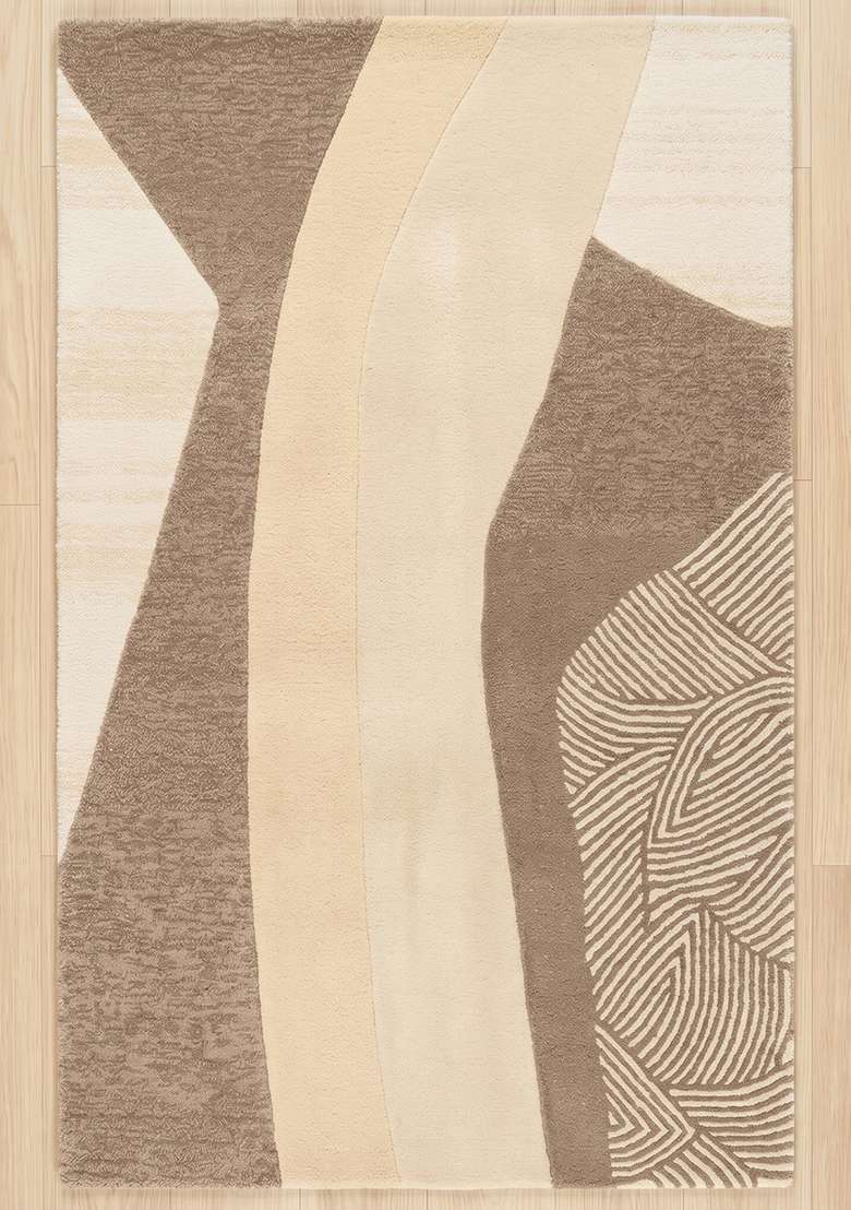 Saffron Rugs Hand-Tufted 100% Wool Area Rug | Beige Rectangular Rug | Cotton Backing | Contemporary Swirls Home Decor Carpet for Living Room Bedroom - Indya