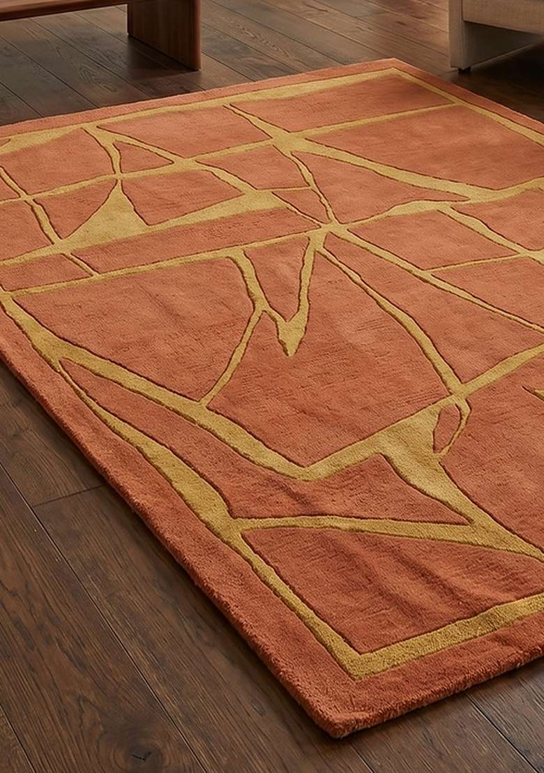 100% Wool Handmade Burnt Orange Rug | Contemporary Geometric Carpet With Cotton Backing For Living Room - Indya