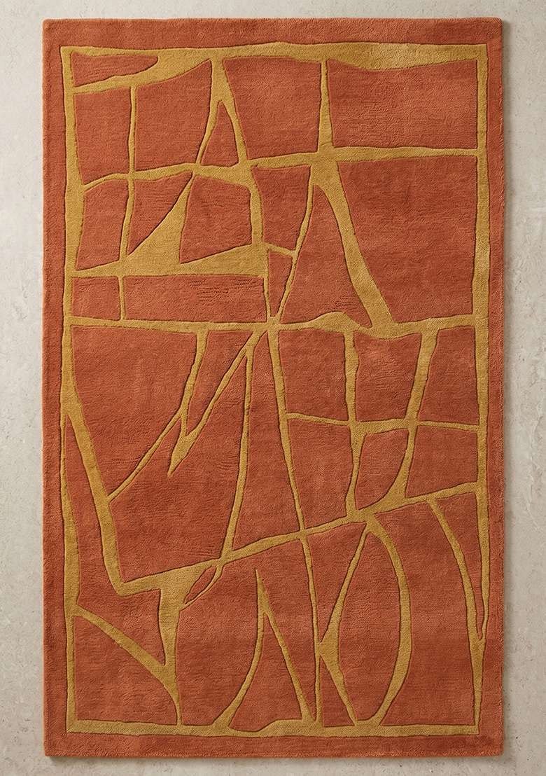 100% Wool Handmade Burnt Orange Rug | Contemporary Geometric Carpet With Cotton Backing For Living Room - Indya