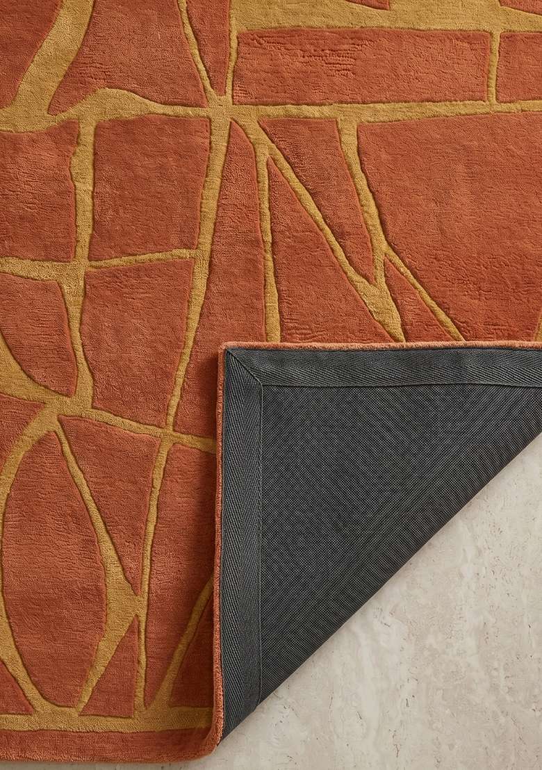 100% Wool Handmade Burnt Orange Rug | Contemporary Geometric Carpet With Cotton Backing For Living Room - Indya